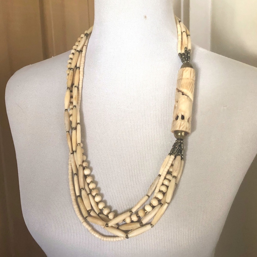 VTG Hand Carved Bone Multi 5 Strand Statement Necklace Cream Boho 28" Elephant
